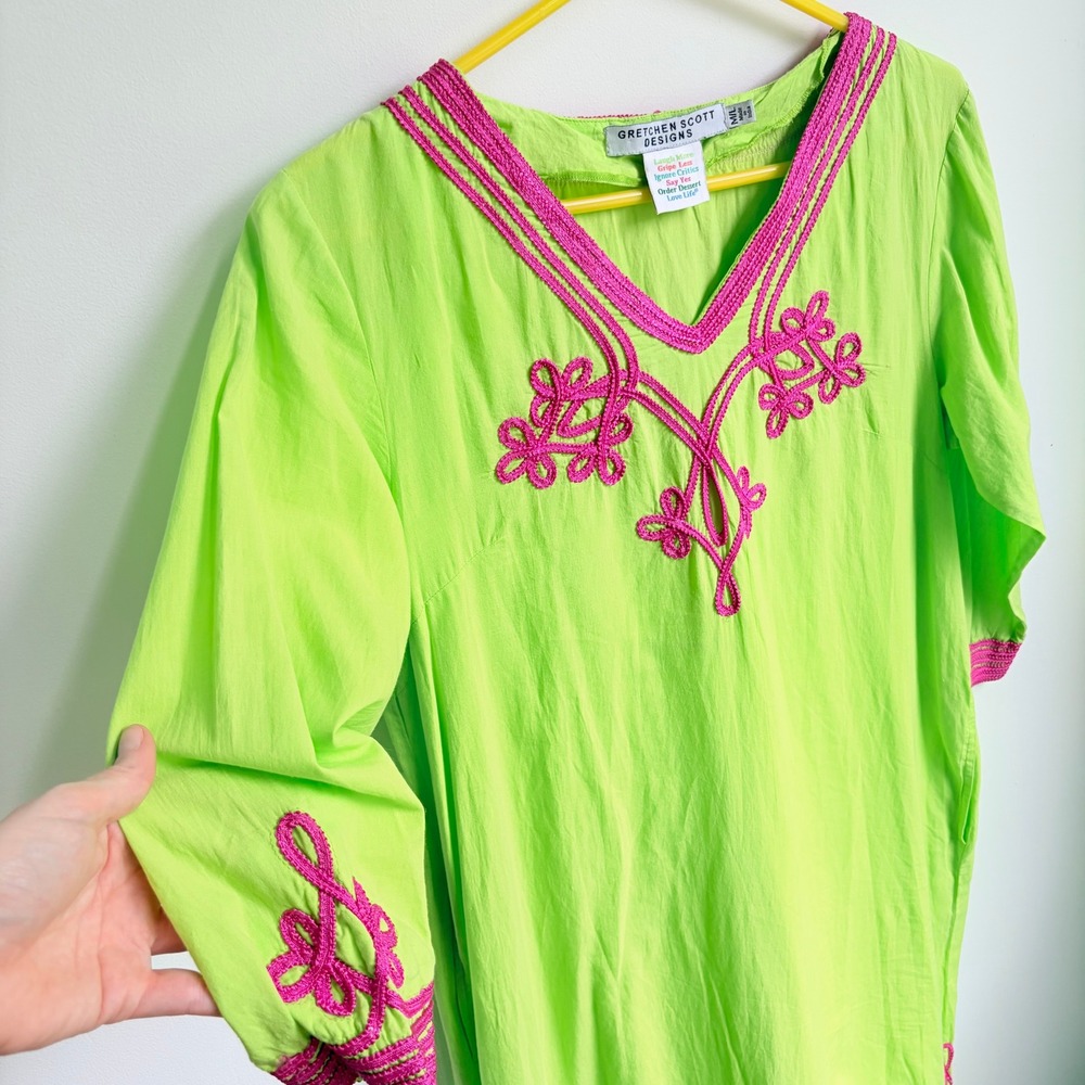 Gretchen Scott Maxi Dress M/L Boho Cottage Lime Green Pink Embroidered Cotton - Picture 3 of 10